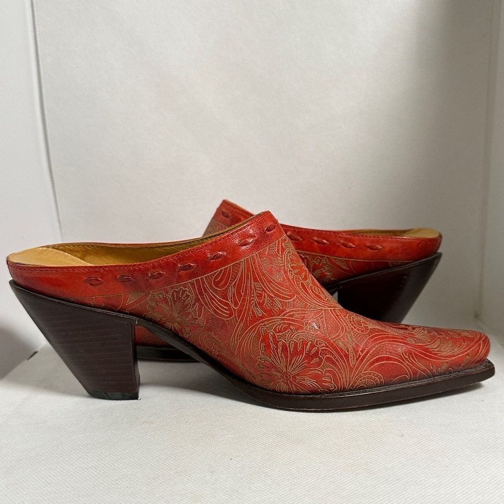 Charlie 1 Horse Red Embossed Leather Western Mules Size 6 B / 36.5 EU - EUC - Picture 10 of 14
